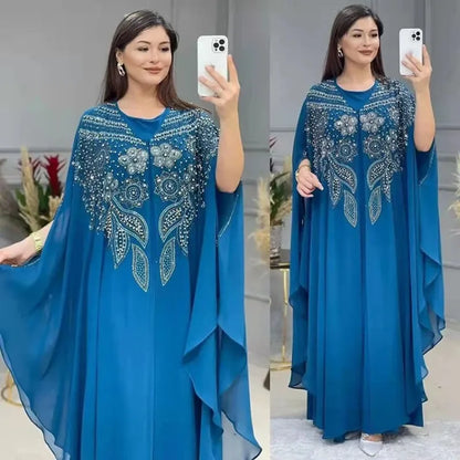 Muslim Dress for Women Loose Batwing Sleeved Beaded Long Abaya Dress Kaftan Abayas Islamic Robe Two Piece Set