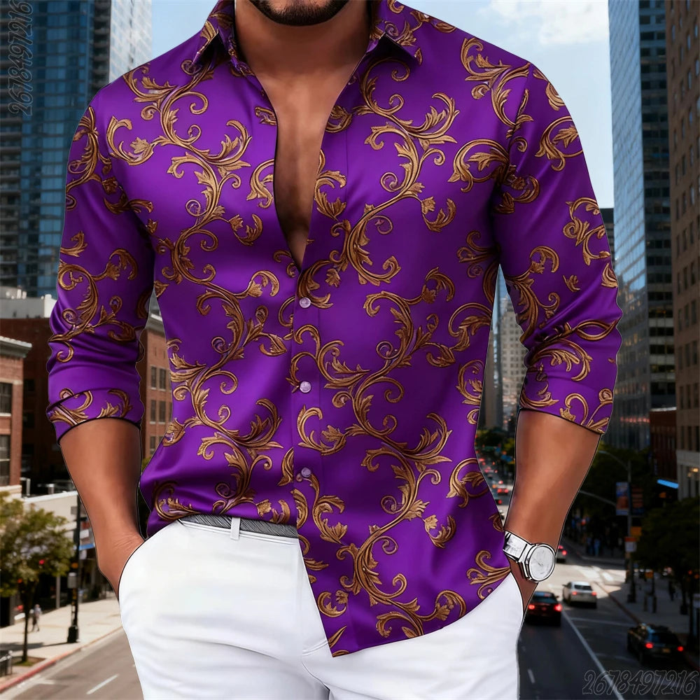 16 Colors Men's Luxury Baroque Gold Pattern Long-Sleeved Shirt Fashionable Retro Print Comfortable Non-Iron Large Size Top