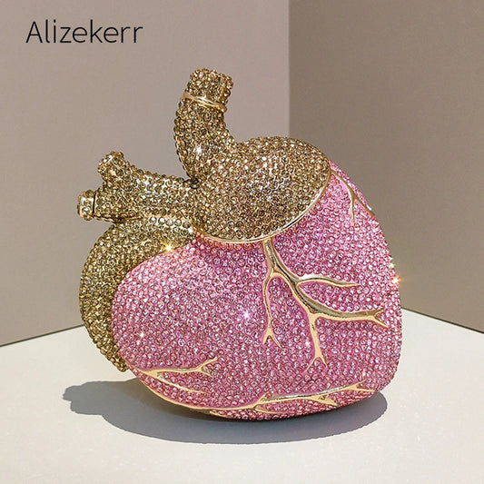 Alizekerr Heart Shaped Diamond Evening Bags Women 2026 Gorgeous Metallic Rhinestone Purses Ladies Unique Handbags Wedding Party