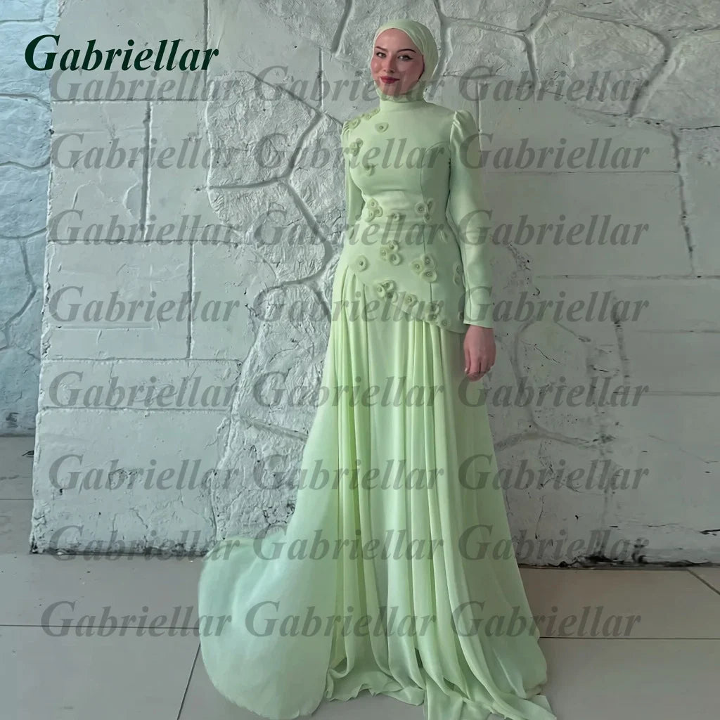 Gabriellar Trendy 3D Appliques Celebrity Dress Kuwait Full Sleeves High Neck Chiffon Formal Party Maxi Gown for Women Customized