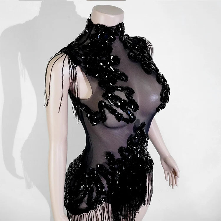 Sexy Mesh Sheer Black Rhinestone Tassel Bodysuit Women Singer Dancer Stage Show Outfit Nightclub Leotard Party Performance Wear