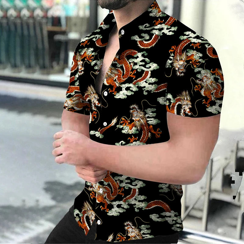 Summer Fashion Men's Casual Oversized Shirts Turn-down Collar Buttoned Shirt Stripe Print Short Sleeve Tops Party Mens Clothing