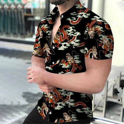 Summer Fashion Men's Casual Oversized Shirts Turn-down Collar Buttoned Shirt Stripe Print Short Sleeve Tops Party Mens Clothing