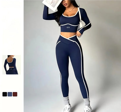 2026 Popular Color Blocking Yoga Set, Tight Yoga Long Sleeved Pants V Waist and Hip Lifting Tight Yoga Pants Luxury Set