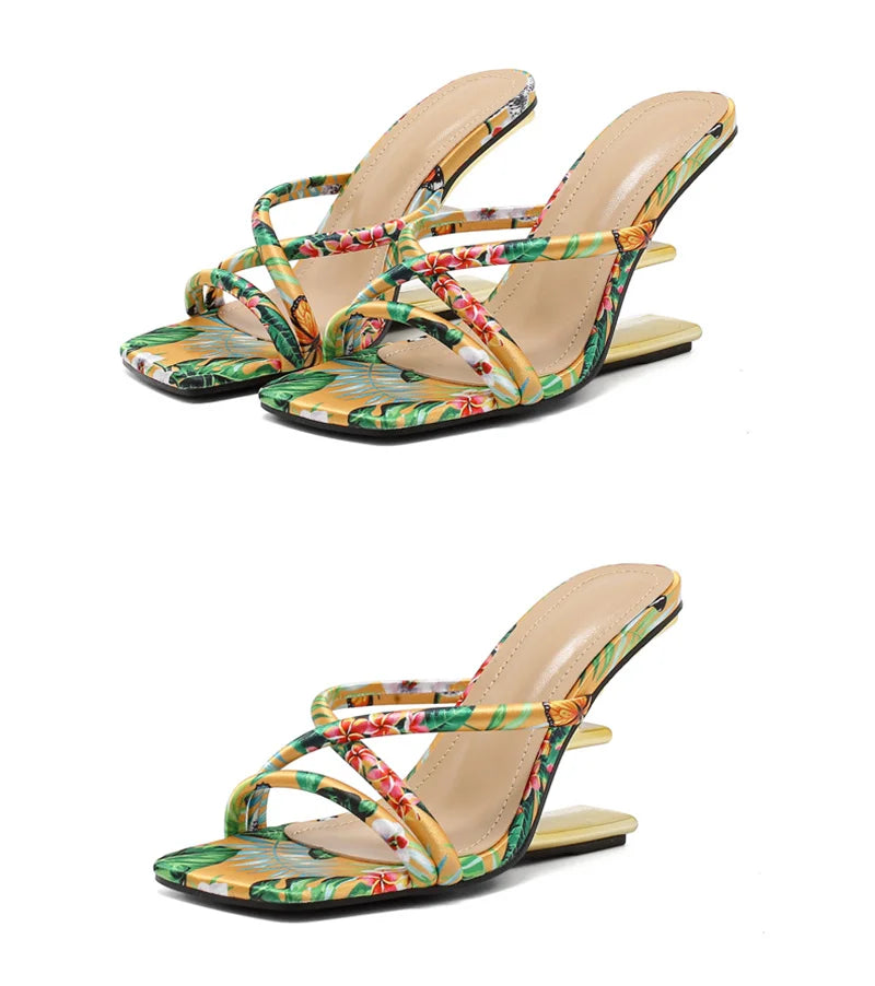 Liyke Summer Fashion Colour Square Toe Metal Wedge Slippers Women Mules Slides Strange High Heels Banquet Party Shoes Size 35-42