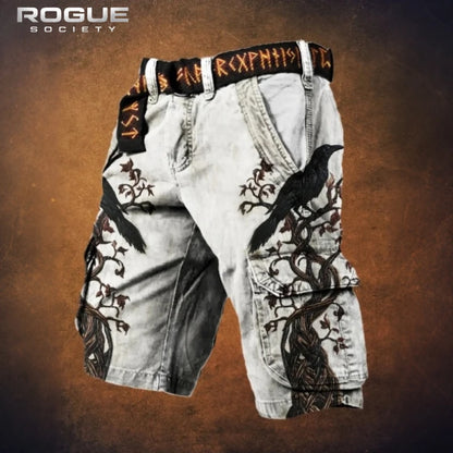 Norse Raven Printed Cargo Shorts Men Y2K Gothic Viking Embroidery Tree Graphic Harajuku Streetwear Loose Washed Summer Bottoms