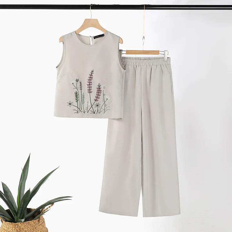 Fashion 2PCS Summer Outfits ZANZEA Sleeveless Embroidery Blouse Pant Sets Women Work OL Matching Sets Casual Holiday Tracksuits
