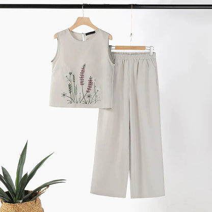 Fashion 2PCS Summer Outfits ZANZEA Sleeveless Embroidery Blouse Pant Sets Women Work OL Matching Sets Casual Holiday Tracksuits