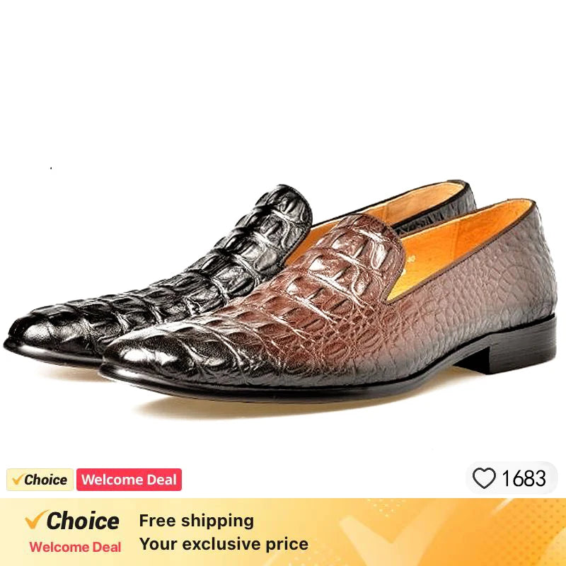 Men's Luxury crocodile pattern leather loafers, handmade business dress shoes, slip-on formal office footwear for men, Brown