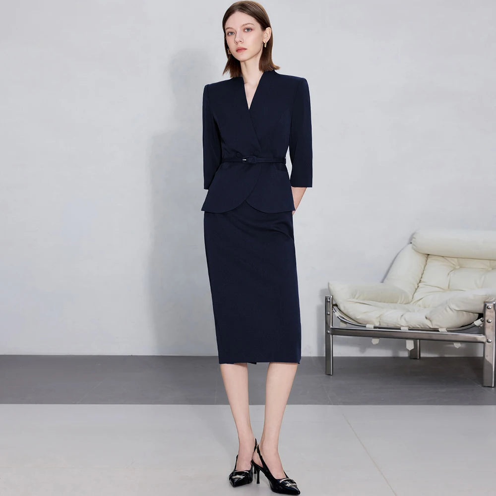 Two-Piece Suit For Women, Navy Blue Luxury Fashion Workplace Two-Piece Skirt Set, Minimalist Elegant Three-Quarter Sleeve Design