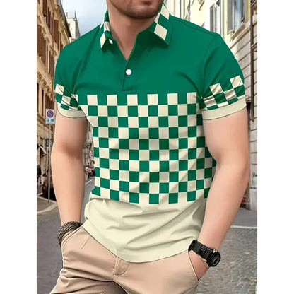 Men's simple checkered polo 3d printed button polo summer short-sleeved top daily street men's wear