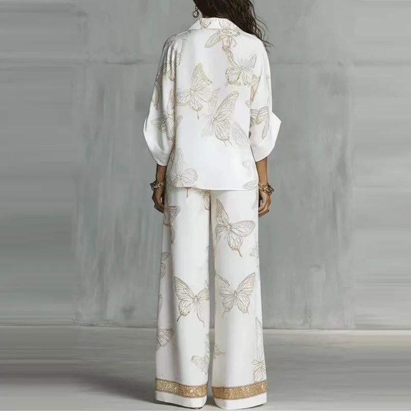 Casual Long Sleeve Pocket Loose 2Pc Sets Lapel Zipper Shirt & Wide Leg Pants Suit Women Fashion Butterfly Print Matching Outfits