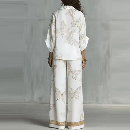 Casual Long Sleeve Pocket Loose 2Pc Sets Lapel Zipper Shirt & Wide Leg Pants Suit Women Fashion Butterfly Print Matching Outfits