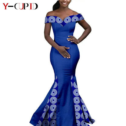 African Couple Matching Clothes for Wedding Women Slim Mermaid Dress Bazin Riche Men Irregular Jacket Pant Sets with Hat Y23C011