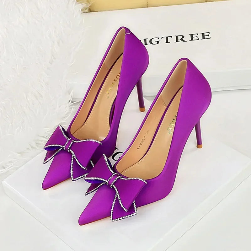 BIGTREE Fashion Korean Version 10cm High Heels Pumps Silk Shallow Pointed Toe Crystal Butterfly BowKnots Lady Red Purple Shoes