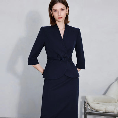 Two-Piece Suit For Women, Navy Blue Luxury Fashion Workplace Two-Piece Skirt Set, Minimalist Elegant Three-Quarter Sleeve Design