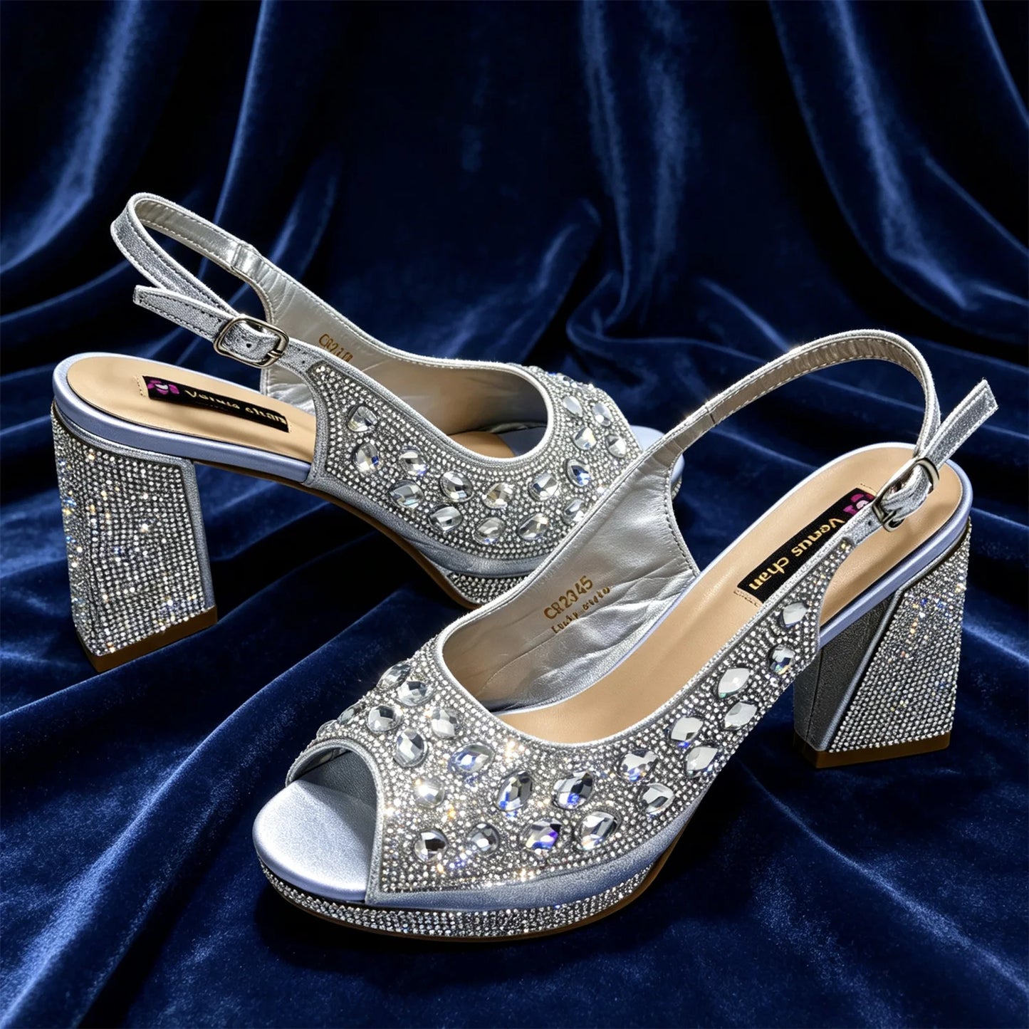 Venus Chan Elegant Gold Striped Peep Toe High Heels and Matching Bag Set – Rhinestone Decor for Parties and Weddings