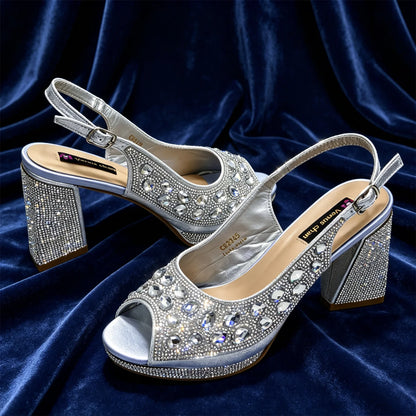 Venus Chan Elegant Gold Striped Peep Toe High Heels and Matching Bag Set – Rhinestone Decor for Parties and Weddings