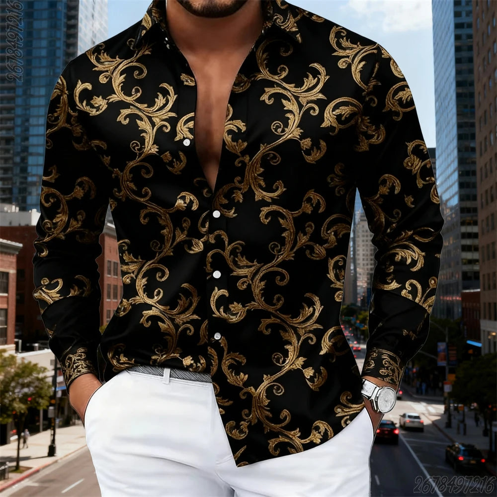 16 Colors Men's Luxury Baroque Gold Pattern Long-Sleeved Shirt Fashionable Retro Print Comfortable Non-Iron Large Size Top