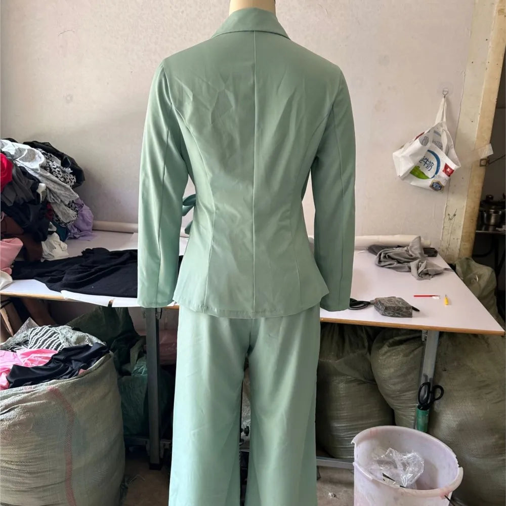 Casual Fashionable Trousers Suit Spring Autumn Solid Color Commuter Style Lapel Long-sleeved Top Wide-leg Trousers Two-piece Set