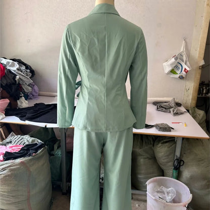 Casual Fashionable Trousers Suit Spring Autumn Solid Color Commuter Style Lapel Long-sleeved Top Wide-leg Trousers Two-piece Set