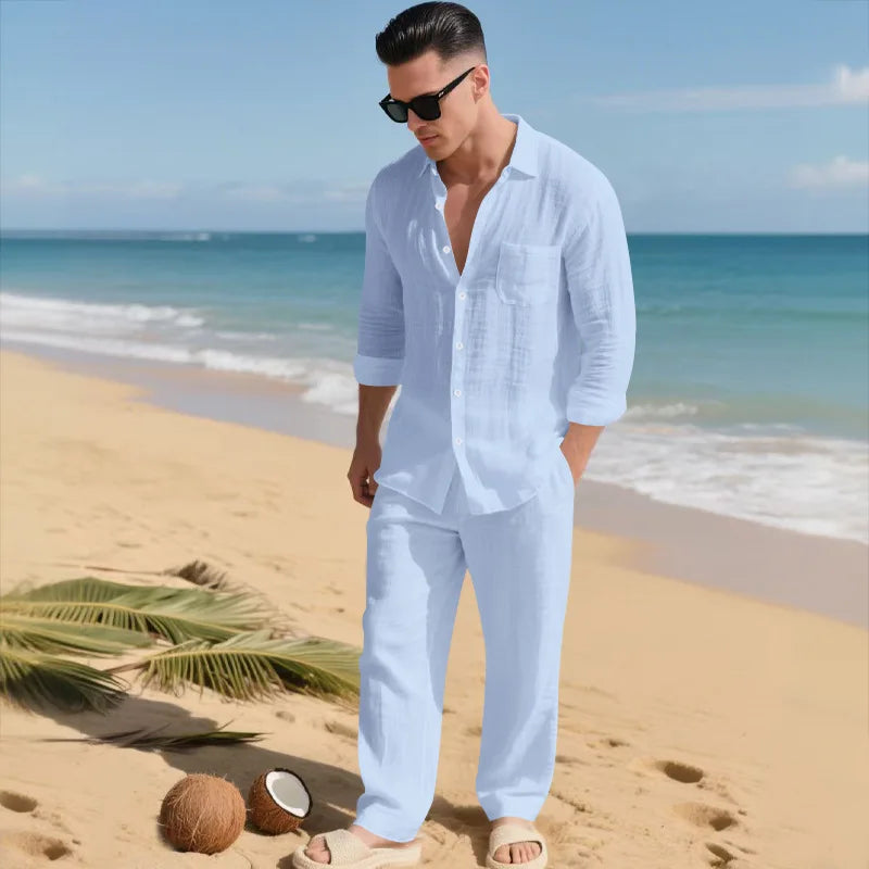 The 2026 Summer Men's linen short-sleeved shirt set is a two-piece long pants set suitable fordaily casual beach vacations 2Pcs