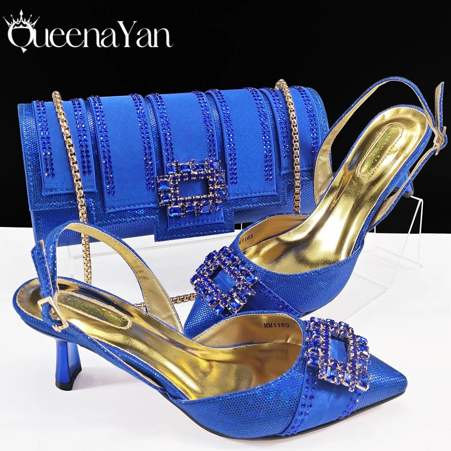 Queena Yan Nigeria Elegant Noble Party Wedding Shoes And Bag Pointed Toe Decorated With Rhinestone Women Heel Shoes