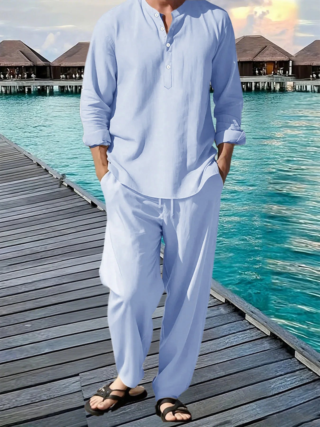 New Long Sleeve Henley Shirt Pants Suit Men Lightweight Breathable Streetwear Solid Color Business Button Polo Shirts Long Pants