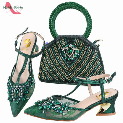 Purple Color New Arrivals Italian Design Nigerian Women Shoes and Bag Set Pointed Toe Slipper with Shinning Crystal for Party