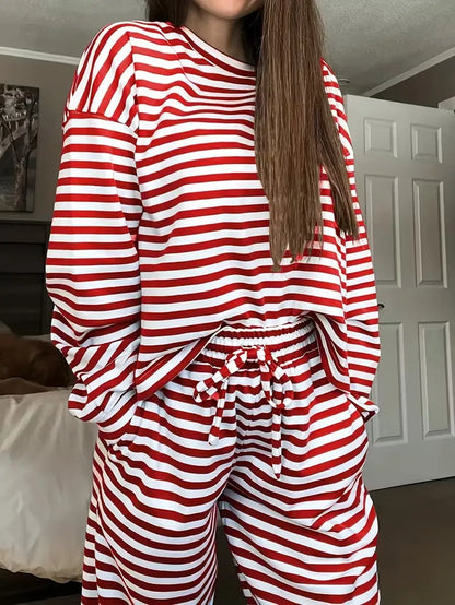 New Simple Striped Suit Simple  Loose Comfortable Lazy Style Long-sleeved Round Neck Pullover Top Lace-up Trousers Two-piece Set