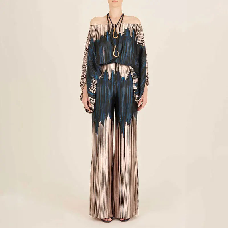 VEITCHE Women Print Outfit  Sleeve Off Shoulder Long Sleeve Blouse Office Lady 2 Piece Sets Spring Autumn Wide Leg Pants Suit