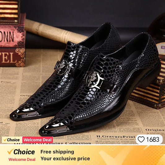 Italian Style Gentleman Dress Shoes Men black Metal Pointed Toe Snake Grain Genuine Leather Shoes Business Party Shoes Men Flat
