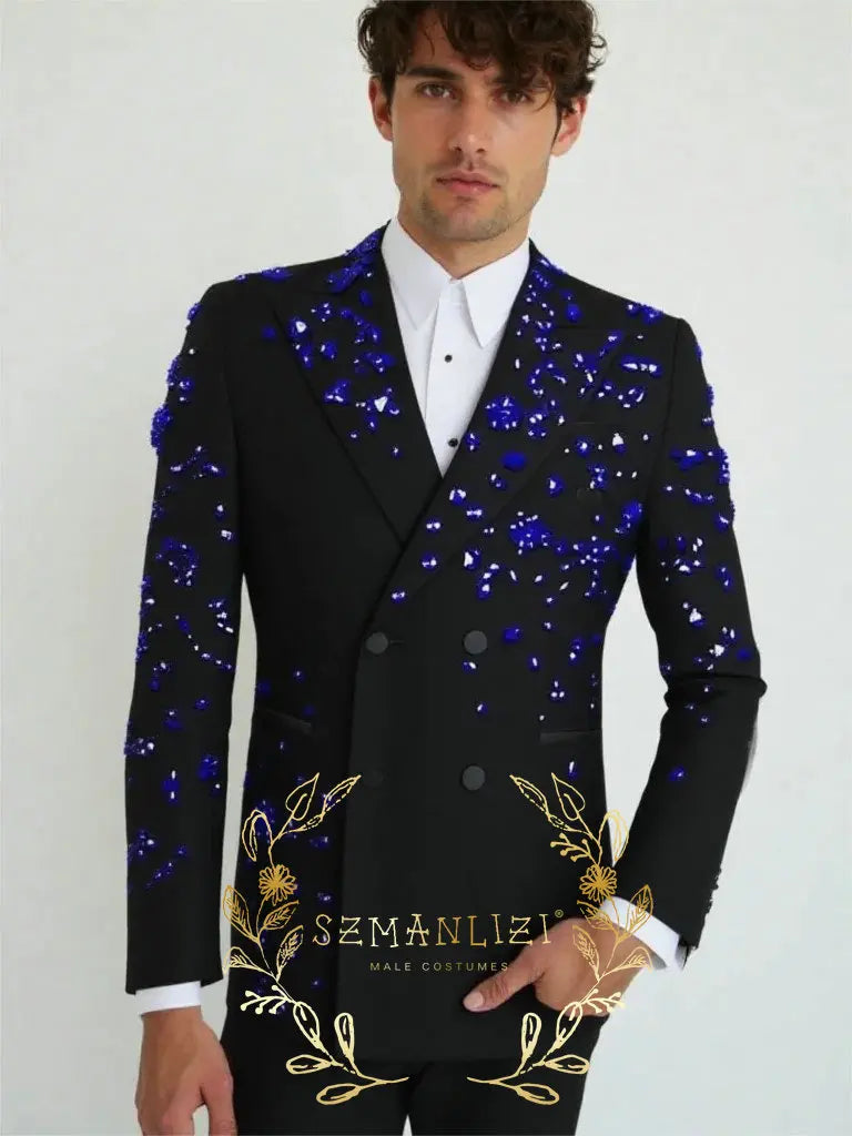 Luxury Gold Crystal 2 Pieces Men's Suits Double Breasted Black Suits Tuxedo Blazer for Wedding Groom Business Dinner Party Suits
