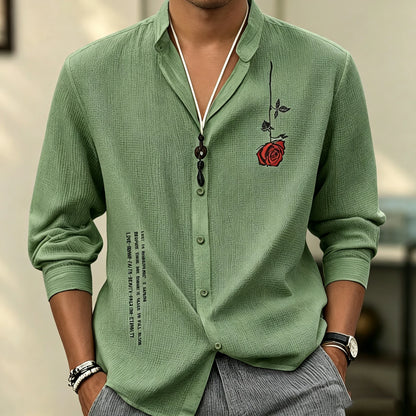 Men's stand-up collar three-quarter sleeve shirt, short print breathable shirt, loose-fitting cardigan for summer vacation.