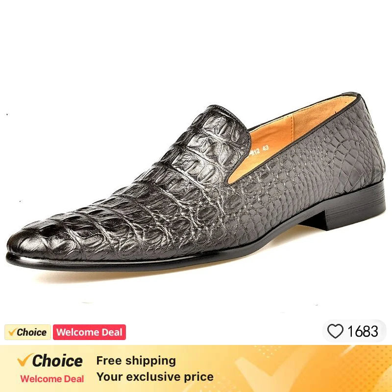 Men's Luxury crocodile pattern leather loafers, handmade business dress shoes, slip-on formal office footwear for men, Brown