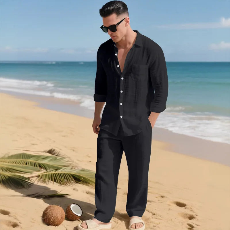 The 2026 Summer Men's linen short-sleeved shirt set is a two-piece long pants set suitable fordaily casual beach vacations 2Pcs
