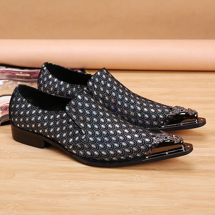 2024 Western Fashion Pointed Metal Toe Dress Shoes Blue Grey Party Wedding Leather Shoes for Men