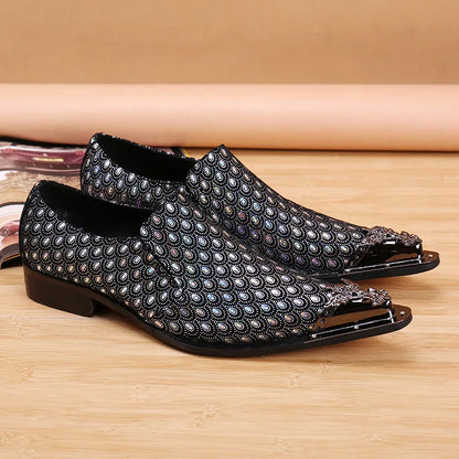 2024 Western Fashion Pointed Metal Toe Dress Shoes Blue Grey Party Wedding Leather Shoes for Men