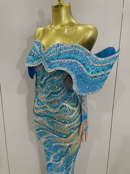 2025 Luxury Sparkly Rhinestones Blue Long Dress With Gloves Women Party Evening Birthday Dresses Celebrate Stage Catwalk Gowns