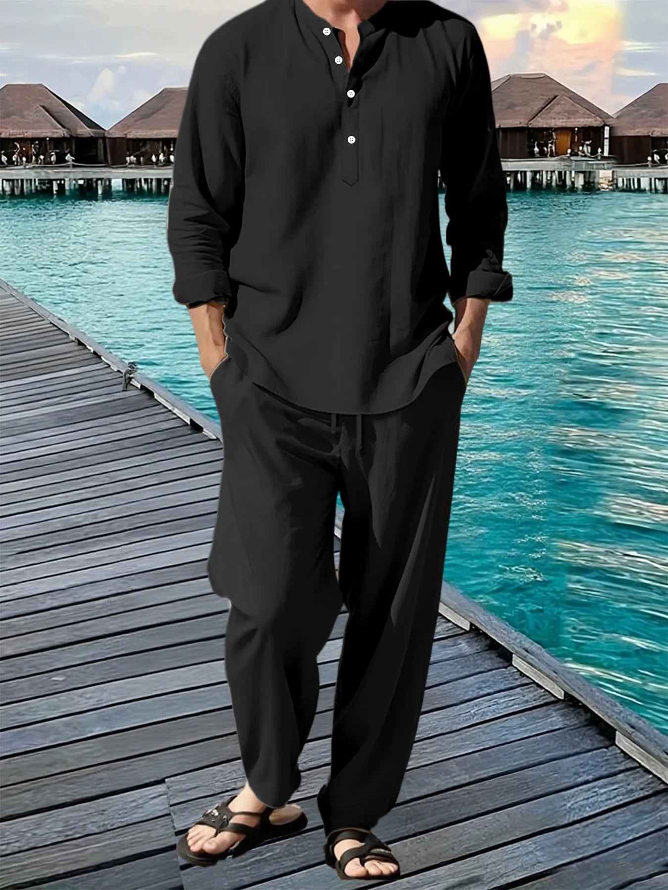 New Long Sleeve Henley Shirt Pants Suit Men Lightweight Breathable Streetwear Solid Color Business Button Polo Shirts Long Pants
