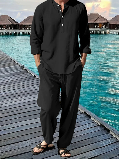 New Long Sleeve Henley Shirt Pants Suit Men Lightweight Breathable Streetwear Solid Color Business Button Polo Shirts Long Pants