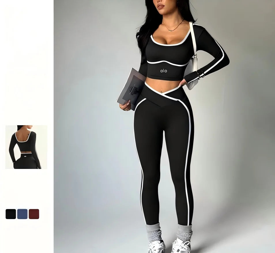 2026 Popular Color Blocking Yoga Set, Tight Yoga Long Sleeved Pants V Waist and Hip Lifting Tight Yoga Pants Luxury Set