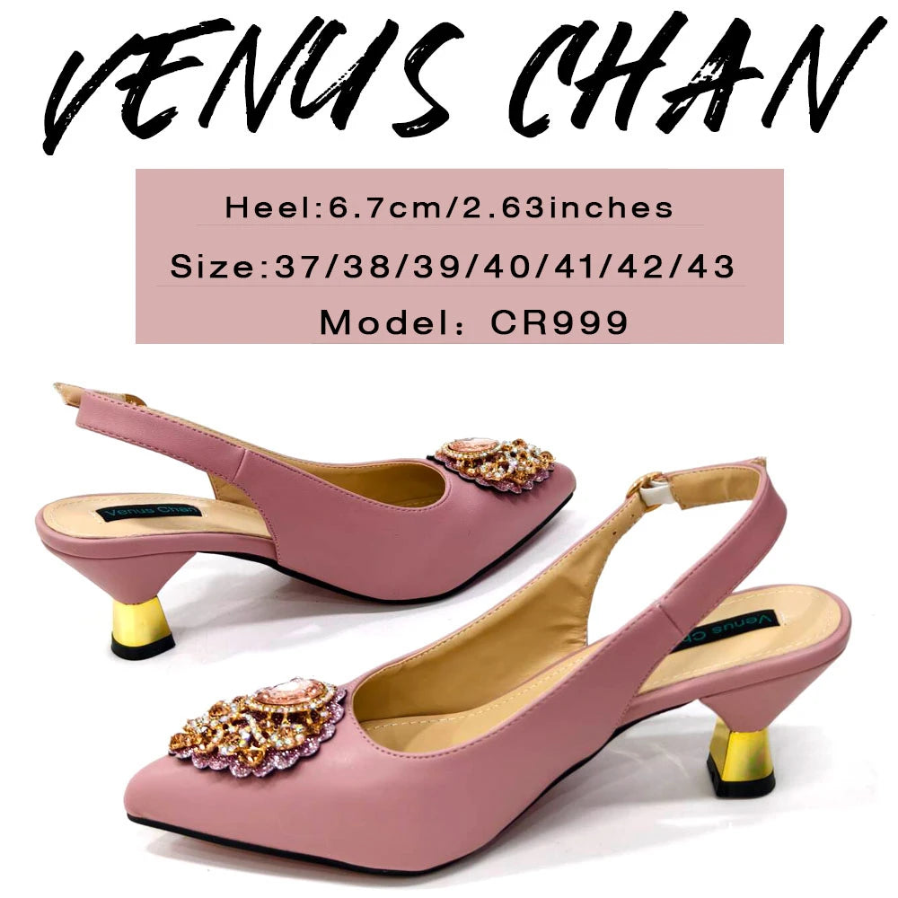 Venus Chan Italian Shoes and Bags Matching Set 2024 Nigeria Elegance Party Rhinestone Pointed Toe Women's Shoes High Heel