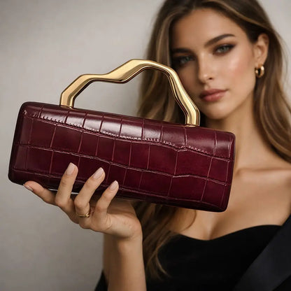 Luxury Burgundy Crocodile Pattern PU Evening Clutch with Gilded Shaped Handle for Ladies Fashionable Party Handbag