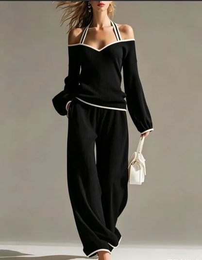 Women Sexy Off-shoulder Long-sleeved T-shirt Trousers 2piece Set Fashion Loose Elegant Color-blocked Pocket Trousers Female Suit