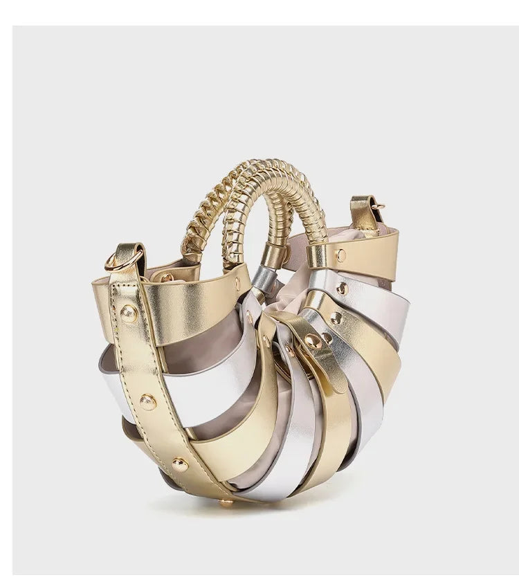 New Women's Fashionable Ring Design Crossbody Bag Hollowed Out Inner Bag Shell Bag Vegetable Basket Handbag Retro Woven Handbag