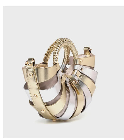 New Women's Fashionable Ring Design Crossbody Bag Hollowed Out Inner Bag Shell Bag Vegetable Basket Handbag Retro Woven Handbag