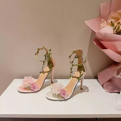 2025 summer new open toed slim heel pink flower fairy style buckle with high heels wedding shoes women's sandals
