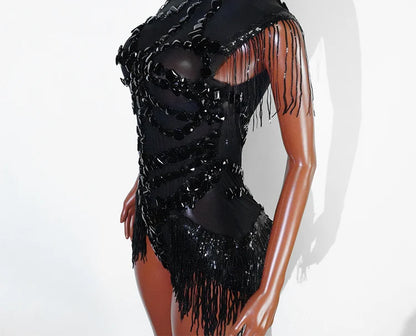 Sexy Mesh Sheer Black Rhinestone Tassel Bodysuit Women Singer Dancer Stage Show Outfit Nightclub Leotard Party Performance Wear