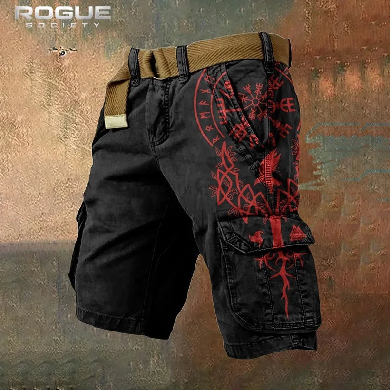 Norse Raven Printed Cargo Shorts Men Y2K Gothic Viking Embroidery Tree Graphic Harajuku Streetwear Loose Washed Summer Bottoms